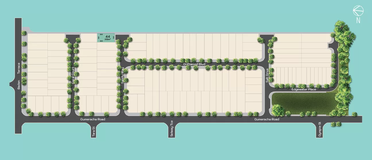Estate masterplan with Block 44 highlighted, Salt O'Sullivan Beach