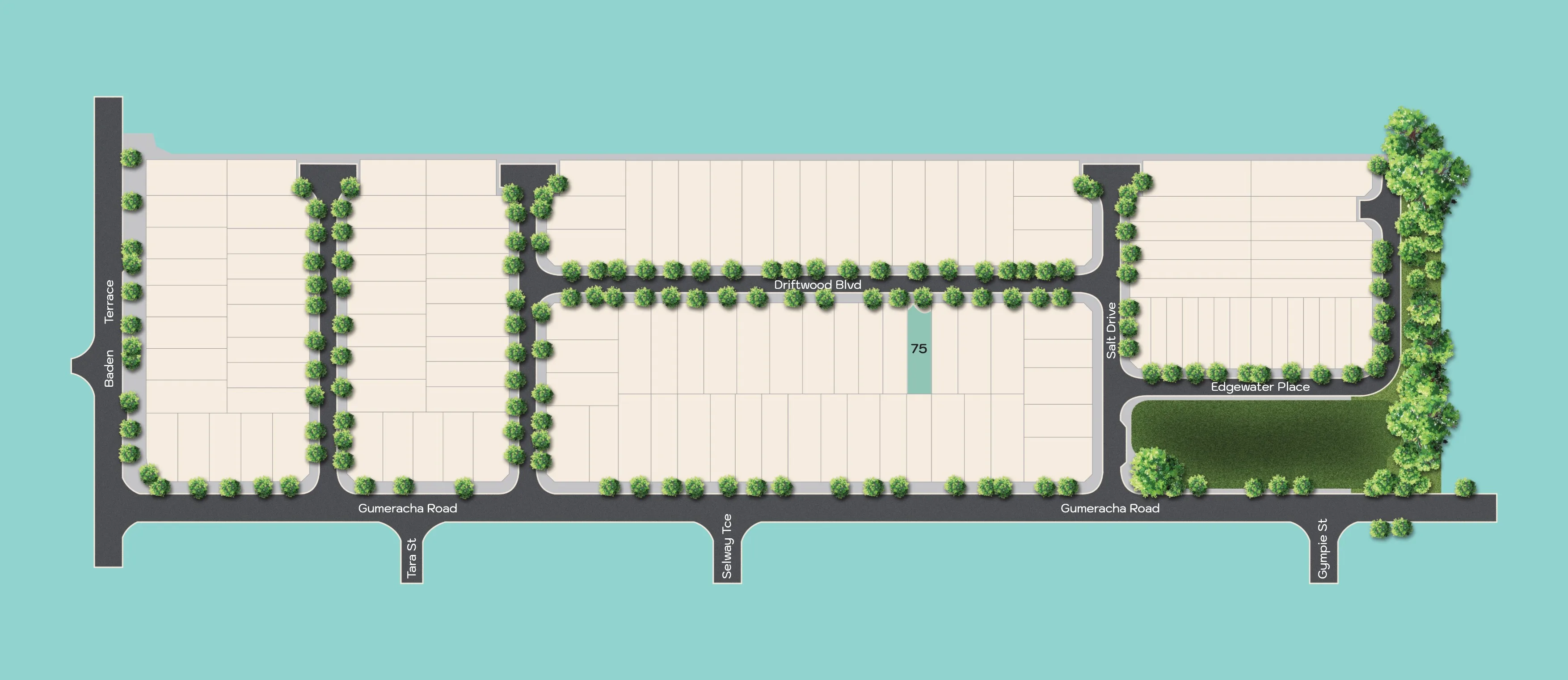 Estate masterplan with Block 75 highlighted, Salt O'Sullivan Beach